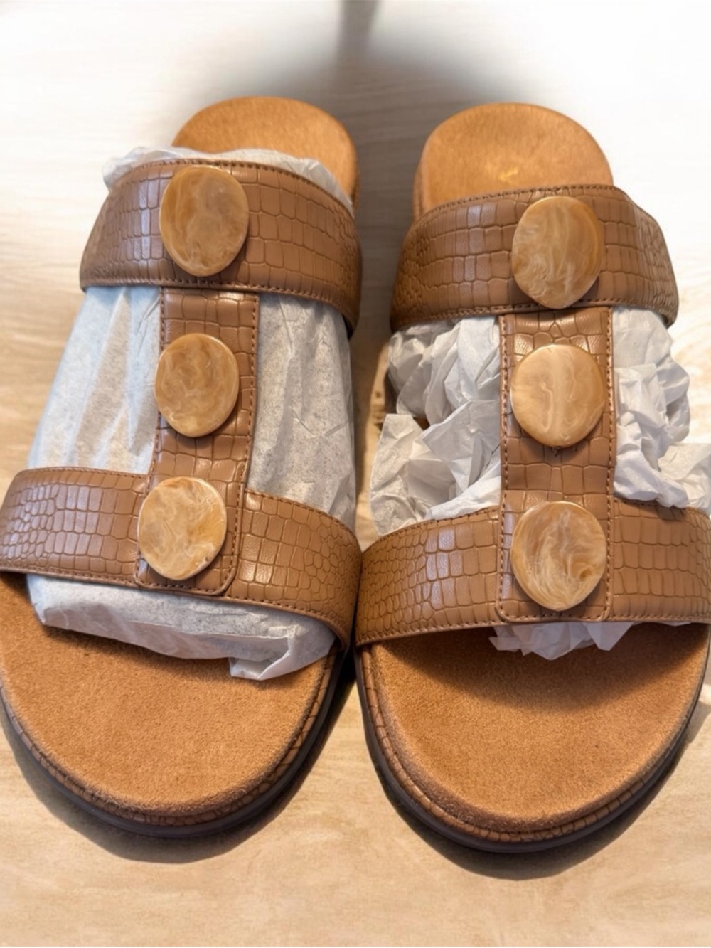 Vionic Camel Brown Croc-Embossed Slide Sandals with Decorative Buttons